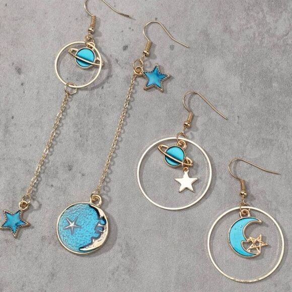 Jewelry - 2 pair of moon and star dangle earrings, gold, celestial, unique, planet